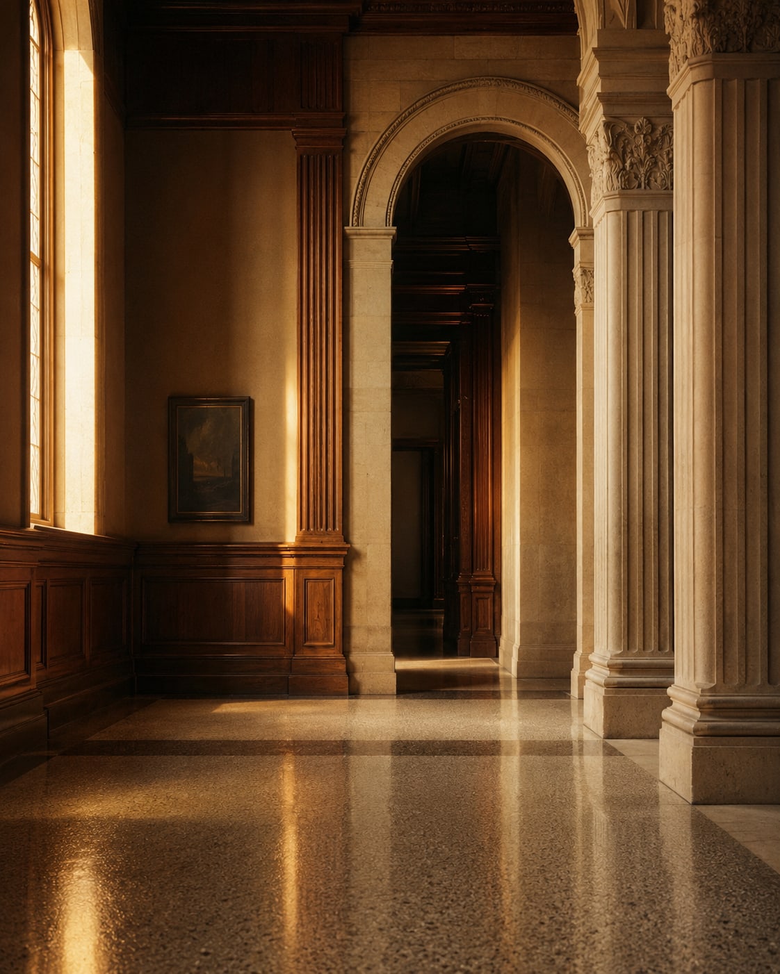 Intérieur d’édifice institutionnel en pierre, lumière de fenêtre haute